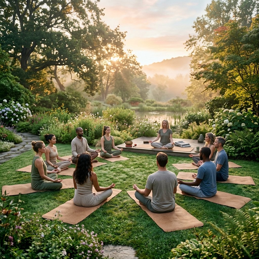 Patients practicing meditation in a green lawn